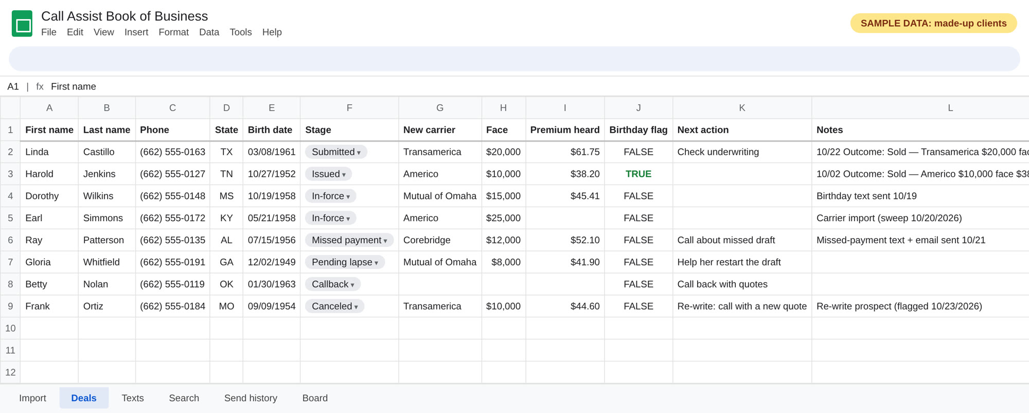 Sample Call Assist Book of Business sheet with made-up clients: name, phone, state, birth date, stage, carrier, face amount, premium, birthday flag, next action and notes, including a canceled policy tagged Re-write prospect