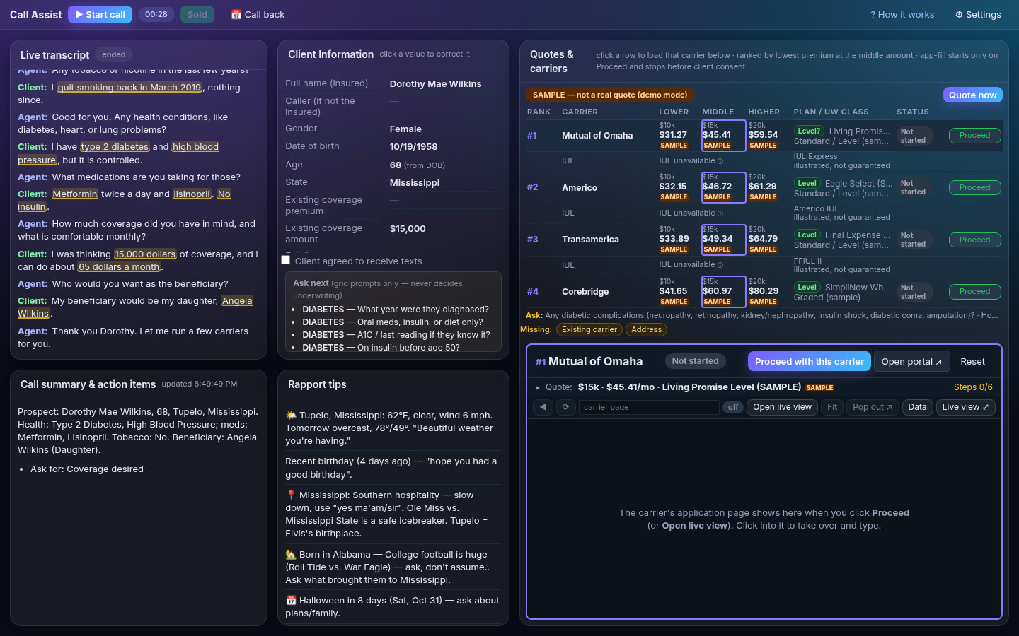 Call Assist dashboard after a sample call: live transcript, filled client information and ranked SAMPLE carrier quotes