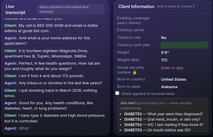 Live transcript and client information filling in
